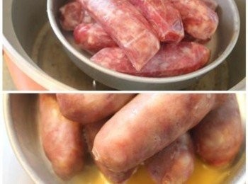 step1: 香腸放在碟子上用電鍋或蒸籠先蒸熟 ** 使用電鍋的話, 外鍋2/3杯水. 蒸籠的話, 中火蒸10-15分鐘.