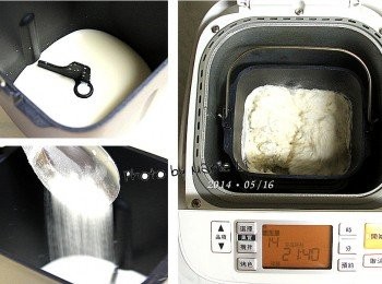 step3: (Panasonic SD-BMS105T Mode14 麵包麵糰模式)

將拌勻的液體先倒進麵包機容器中
再放入 250g 的高筋麵粉
選擇模式為 Mode14 《麵包麵糰》模式
按下《開始》鍵讓機器啟動跑形程開始揉麵

※ 請特別留意下一個步驟