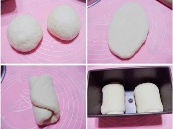 step4: 步驟4A然後滾圓ˊ用濕布或保鮮模覆蓋好醒15~20分鐘 B接著將鬆弛好的麵團桿平成長橢圓狀 C然後順勢捲起再桿平重複2次 D接著慢慢捲起成圓筒狀ˊ收口處記得捏緊ˊ光滑面朝上ˊ收口處朝下ˊ 然後分別擺於烤模兩邊。