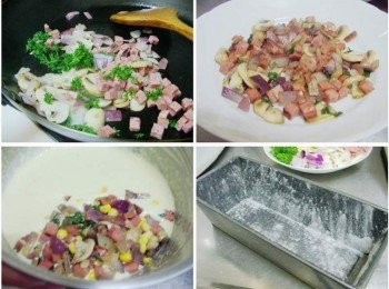 step5: 然後鍋裡放少許油ˊ將[搭配材料]中的ˊ 紫洋蔥ˊ蘑菇ˊ火腿丁ˊ1/2量巴西利下鍋拌炒ˊ 完成放涼ˊ再取一部份和麵糊拌勻。 烘烤容器可先塗抹上少許奶油並均勻灑上少許麵粉ˊ 也可直接鋪上烘焙紙ˊ(讓脫模時更順利)