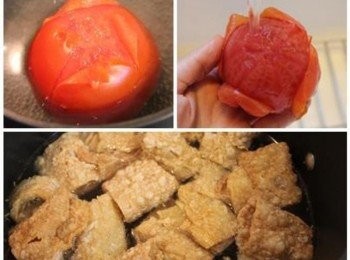 step1: 事前準備: 番茄上端開十字刀, 用熱水燙1分鐘後, 沖冷水, 完成去皮動作. 豆皮捲也用熱水燙過, 去油