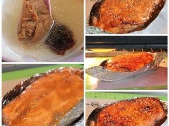 step3: 鋁箔紙內留下的鮮魚高湯, 倒出來跟味噌/味霖/素蠔油一起調成醬汁