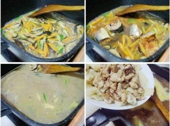 step4: 接著加入泡香菇水ˊ茄汁鯖魚罐頭1罐ˊ及酌量的水煮滾ˊ 水滾再將事先處理好麵疙瘩和肉絲加入並加入排骨湯塊