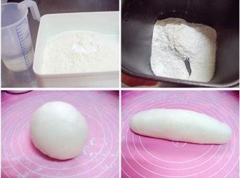 step1: 先備齊<span class="group_1">墨西哥餅皮材料</span>ˊ我是直接用60度c開水ˊ 將材料全放麵包機以揉麵團功能完成麵團製作ˊ 完成後讓麵團鬆弛20~30分鐘ˊ然後搓揉成長條狀 (無法知道水溫ˊ可用燙麵法來製作) 因為是乾烙餅ˊ所以我加了少量泡打粉ˊ讓口感更好。