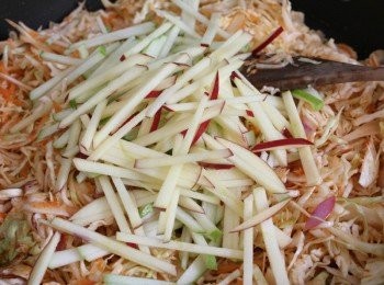 step2: 把除了蘋果之外的蔬菜材料切絲後, 拌入適量的<span class="group_2">沙拉醬</span>汁, 最後再加入蘋果絲