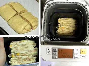 step4: (Panasonic SD-BMS105T Mode21 發酵模式)

※ 記得將容器裡面的攪拌葉片取出來

把擀平的麵糰橫豎各一刀切成四等份
四份麵糰均以開口朝上的方向並排放進容器中

設定麵包機在 Mode21 《發酵模式》
讓麵糰在裡面進行最後發酵
大約需要一個鐘頭的時間
或者麵糰發酵至容器的八分高即可