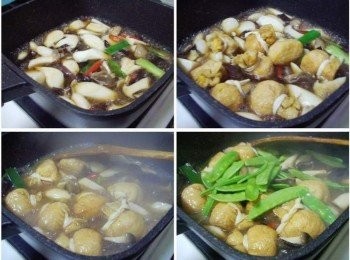 step3: 步驟3A蔬菜均勻拌炒後加入甘醇醬油3大匙ˊ龜甲萬料亭和露2大匙ˊ 紹興酒2大匙及酌量的水煮滾 B醬汁煮滾再加入福袋餃 C待福袋餃煮熟再用酌量玉米粉水勾點薄芡 D最後再放入荷蘭豆快速拌勻ˊ並灑上少許香油即可