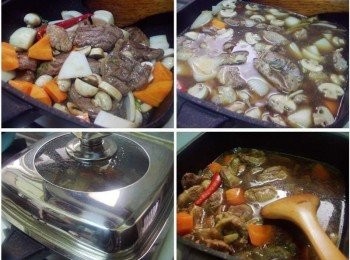 step4: 接著加入所有搭配蔬菜略為拌炒均衡ˊ 並添入覆蓋食材水量和剩下所有<span class="group_2">調味</span>一起煮滾ˊ 大火略滾5分鐘ˊ用湯匙撈除浮泡ˊ 蓋上鍋蓋ˊ小火慢燉1個小時即可