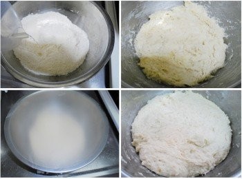 step2: 2.粉類<span class="group_1">材料</span>略為拌勻後， 依序加入水和橄欖油，再揉拌均勻，
 (麵團成型也無粉粒即可) 然後讓麵團儘量攤平，
蓋上蓋子或保鮮模， 先放於室溫讓其發酵1~2小時後，再移至冰箱冷藏。
約8~12小時後，隨時要用再從冰箱連同容器取出回復室溫即可操作。
如果不急著使用 (發酵時間越長風味反而更棒喔)