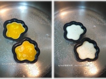 step5: 7 蛋黃表面凝固時，把剩下的蛋白分二邊全倒入模具裡。待表面完全凝固即可起鍋