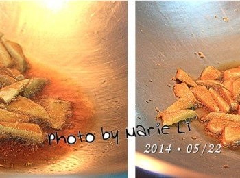step2: 起大火，先將鍋子燒乾
倒進一些麻油，把油燒熱
再放進薑片快炒一下
把薑用大火給爆出香味來