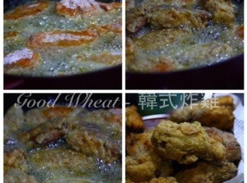 step2: 雞放在炸粉上輕壓幾下再壓實, 放入滾油中，待雞炸到定形才翻動。