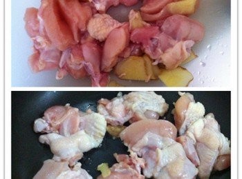 step1: 現在圖片上的是雞翅膀上的小腿《口感欠佳所以建議選用雞全腿》雞全腿去骨切大約像圖片大小，加入薑片，鹽巴，胡椒粉腌製1小時。