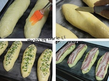 step3: 發酵好的麵包先塗上蛋液
用小刀在麵包中間縱向輕劃一條線
鋪上蔥花後灑上少許黑胡椒
擠上些許沙拉後將培根擺在上面
送進已事先預熱好的烤箱中烘烤

※ 蔥花可以先拌入一點鹽和橄欖油，會更香郁也較不易烤焦。
※ 麵包<span class="group_3">表面</span>輕劃一刀可以避免麵團受熱膨脹時培根走位。