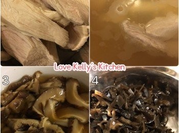 step1: 冬菇和雲耳用熱水㓎軟身切片及切絲(圖1&2)，粉絲浸軟然後一開四，已發的花膠切絲(可參考下面如何發花膠);