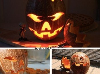 step4: 生平的第一盞 《DIY南瓜燈》
好開心能夠順利地完成它
孩子們說它看起來一點也不邪惡
反而讓人覺得它很可愛

在裡面插上一根蠟燭
還真的可以做成小燈座來使用耶
從五官流洩而出的光線
印著橘紅的溫暖光亮，可愛極了

只是，有什麼方法可以常年保存下這顆南瓜頭呢？