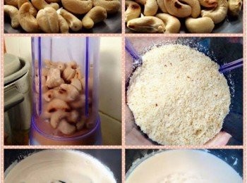 step4: 倒腰果糊入鍋，中小火煮，加入適量冰糖 (亦可先煮一些冰糖水倒入)，不停攪拌至冰糖熔化 (會愈煮愈濃稠)， 即成。