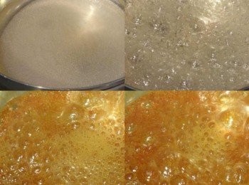 step1: 先煮焦糖，將水與細砂糖放入鍋中。用小火煮至水收乾、顏色開始轉換即可熄火。並快速將焦糖液倒入容器中。最直接的判斷方式即是顏色轉變（右下圖） *開始變色時即需特別注意，上色會非常快！顏色變黑會帶有苦味。