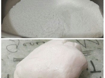 step1: 糯米粉和砂糖放入大碗內，倒入熱水拌勻後再倒入冷水搓勻最後加入油搓成團。