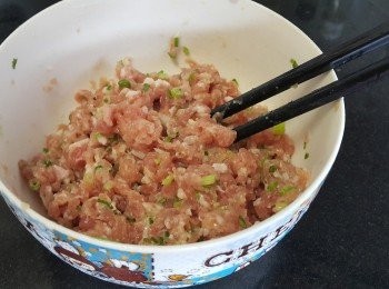 step3: 將免治豬肉，用蔥粒，雞粉，糖，生粉，麻油撈好放入雪櫃冷凍 1 小時