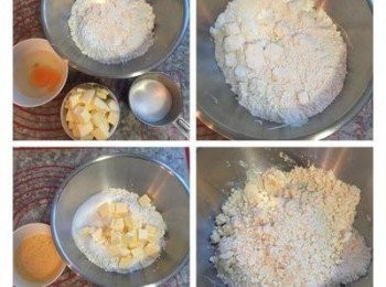 step1: 先做派皮, 乾性材料倒入攪拌缸中略微混勻, 接著打一顆蛋秤重量,不到55g的部份可用牛奶補足. 冷凍奶油切小塊後倒入攪拌鋼與粉料混勻,並用手捏扁沾了粉的奶油,捏成碎塊邊捏邊用粉包住奶油.