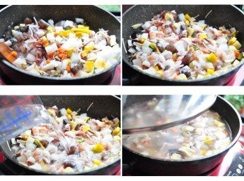 step3: 均勻攪拌拌炒至約6分熟後，加入適量的水蓋鍋滾煮