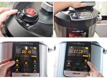 step4: 關緊上蓋後，轉限壓閥至無水烹調功能，再按左邊功能選擇鍵選擇【雞肉/鴨肉】15分鐘，最後按住右邊烹調鍵約3~5秒開始燉煮!