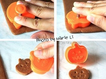 step5: 餅乾壓模的使用方法：

把南瓜壓模放在麵糰上

第一步：先壓出南瓜的外圍來
壓好後千萬不要把模具拿起來喔

第二步：改換壓中間的彈簧
最好能用另一隻手固定住壓模

第三步：輕輕拿起餅乾壓模

第四步：按下彈簧讓餅乾跟壓模分離。

壓的力道會影響成品的好壞
稍加施壓會讓餅乾邊緣比較漂亮
上面的圖案也會比較明顯