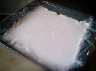 step4: 在容器內鋪上保鮮紙，灑上一層糖霜，然後倒入溶液，再在表面灑上一層薄薄的糖霜，再蓋上保鮮紙，放在室温地方最少24 小時使之凝固