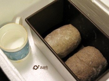 step5: 待麵糰發酵至二倍大後(約60分鐘)，即可將麵糰桿捲成與吐司模型同寬，放入吐司模中，再放入保力龍箱中等待發酵。