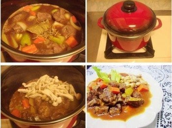 step4: 10.移至瓦斯爐煮滾，約滾個5~6分鐘 11.然後改以中小火，蓋上鍋蓋再細火慢燉約40分鐘 12.完成前5分鐘再加入鴻喜菇與美白菇即可 13.開胃又下飯的紅酒燉牛肉就完成囉~~