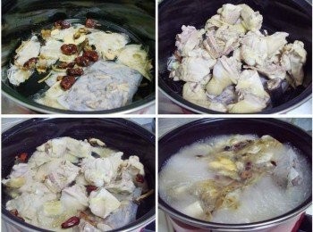 step2: 2.市售燒酒雞藥包先用水沖洗一下ˊ然後將藥材和米酒先浸泡ˊ 幫助藥材釋放出來。(約15~20分鐘) 3.然後將處理乾淨的雞肉擺入鍋裡 4.添入適量的水(要用全酒也OK) 5.接著煮滾燒透酒精ˊ(記得排煙機先關掉ˊ不然會燒壞喔)