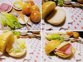 step5: 完成漢堡對切ˊ兩片都抹上抹醬ˊ再將準備餡料擺上ˊ 就完成美味又好吃漢堡囉。