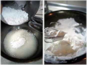 step4: 蛋白打到白色泡沫後，倒入一半糖粉，打勻；再倒入全部糖粉，打到硬式發泡。即為蛋白霜