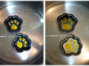 step3: 5 待蛋黃凝固後，將一半的蛋白分別倒入二個貓瓜內
