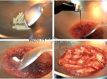 step3: 起鍋先燒乾水份，倒進適量的沙拉油
先將薑絲炒香，再倒進適量的米酒、素蠔油、和水還有紅麴
稍加拌勻之後加進酌量的細砂糖
調味的湯汁滾開後放進鯛魚片以中小火續煮