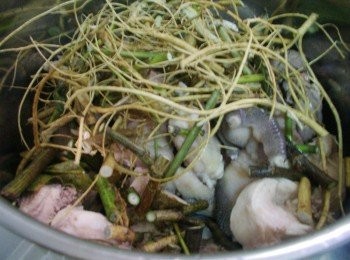 step4: 取一大湯鍋ˊ放入處理好的雞肉和狗尾草ˊ並加入覆蓋<span class="group_1">材料</span>的水