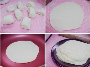 step2: 接著分割成8等份ˊ桿成圓片(圓片大小可自己決定ˊ不用局限) 平底鍋不放油ˊ直接乾烙至雙面熟透ˊ一片約1~2分鐘左右 (完成的薄麵皮可用紙巾或耐熱袋覆蓋ˊ這樣餅皮可保持柔軟喔)