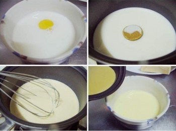 step3: [材料]中椰奶分為2份處理ˊ一份先和雞蛋拌勻ˊ 另一份和1塊咖哩以小鍋加熱融化ˊ(微熱即可) 然後將融化椰奶咖哩淋入椰奶雞蛋中再次拌勻