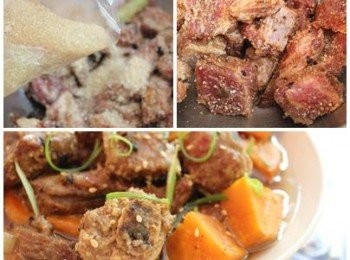 step3: 將醃好的排骨灑上蒸肉粉, 抓云 ** 蒸肉粉的分量請依照個人喜歡的"裹粉"口感調整. 我只加3大匙