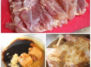 step1: 處理雞肉: 雞腿肉較厚的地方請先用刀子劃開, 盡量厚薄均勻. 調醃醬. 再將雞腿排與醃醬抓云, 冷藏隔夜備用