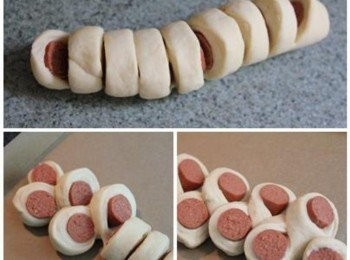 step4: 剪後的熱狗捲, 移到鋪著烘焙紙的烤盤上. 將熱狗一左一右拉開, 完成熱狗麵包整形