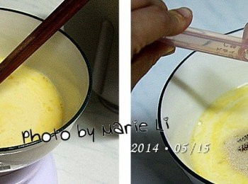 step1: 先取一只大碗，將材料 (1) ~ (5) 放進碗裡拌勻
最後再倒進 (6) 的酵母粉下去一起攪拌

※ 酵母粉最後放是為了怕跟鹽相碰觸影響發酵
※ 這次試做發現酵母粉很難溶解於<span class="group_1">食材</span>中
    或許下次試著減少 20g 的鮮奶
    改用 20g 的溫開水來溶解酵母後再倒入。