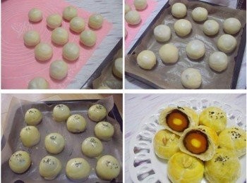 step6: 步驟6完成的蛋黃酥ˊ縮口朝下ˊ然後擺上烤盤ˊ 表面用調勻的蛋黃液輕刷上一層ˊ 放入已經事先預熱的烤箱以170度c烘烤ˊ 烘烤7~8分鐘後取出ˊ再刷上第2層蛋液ˊ 並灑上黑芝麻或松子ˊ然後再進烤箱ˊ 全程約25~30分鐘即可(看使用烤箱而定)