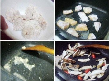 step2: 將醃漬入味的鯛魚片均勻裹上少許玉米粉ˊ 熱鍋ˊ加入油2大匙ˊ將魚片煎至兩面金黃定型ˊ (然後先盛起備用)用原鍋餘油ˊ炒香薑末ˊ 接著加入香菇和辣椒略為拌炒