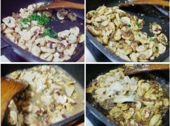 step4: 蘑菇拌炒入味也炒出香氣後加入巴西利和黑胡椒ˊ 然後加入紅酒和高湯ˊ還有月桂葉ˊ大火煮滾後改以中小火慢慢濃縮醬汁ˊ 醬汁呈濃稠狀時加入起士粉讓味道更溫潤ˊ並加入少許鹽調整味道