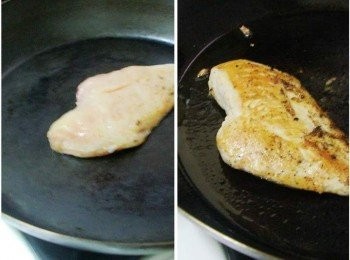 step2: 雞腿排取出ˊ拍掉香草ˊ 接著熱鍋ˊ無需放油ˊ直接將處理好步驟1擺入ˊ 煎至兩面金黃熟透ˊ完成靜置ˊ略涼再切片