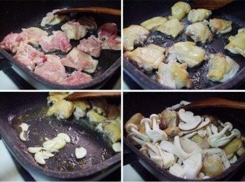 step3: 熱鍋後ˊ鍋內不放油ˊ直接將雞腿皮面朝下逼出油脂ˊ然後雙面煎至金黃焦香ˊ 接著推至鍋邊ˊ用逼出油脂炒香蒜片ˊ並加入所有菇類拌炒均勻