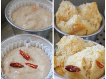 step2: 將粉漿倒入杯中, 用電鍋(外鍋1杯水)或蒸籠蒸熟. ** 視杯子大小斟酌蒸的時間