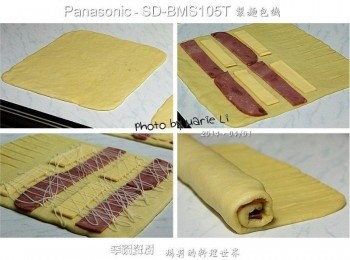 step2: 做法上，將一份分割好的麵糰 擀成長方形之後將尾端切成流蘇狀 擺上火腿、起士，淋上一些沙拉提味 也可以灑上一點黑胡椒粒會很香 然後將麵皮給捲起來即可，夠簡單吧！！